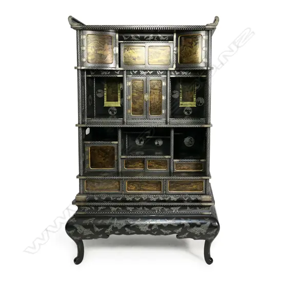 An impressive Japanese Meiji period Shodana lacquer and gilt cabinet,