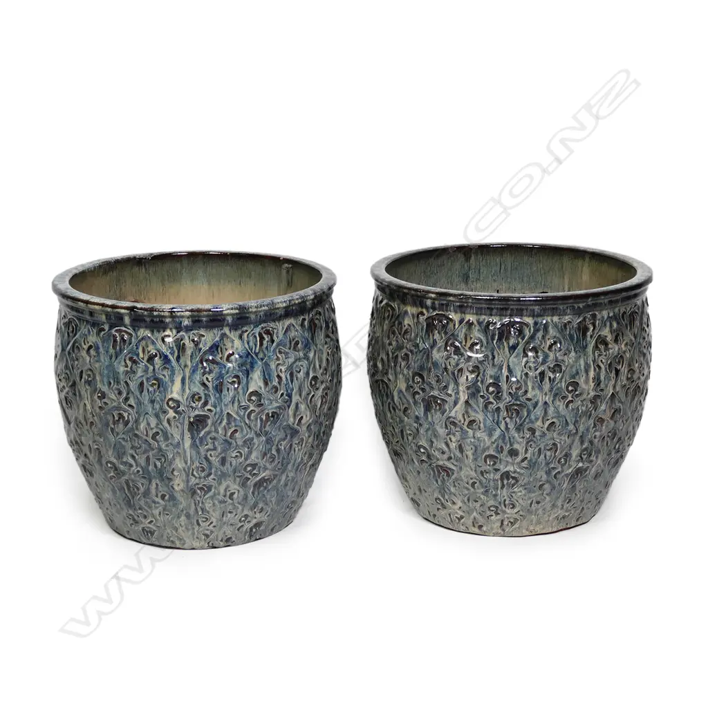 A pair of mottled blue-green glazed ceramic garden pots, Image 1++