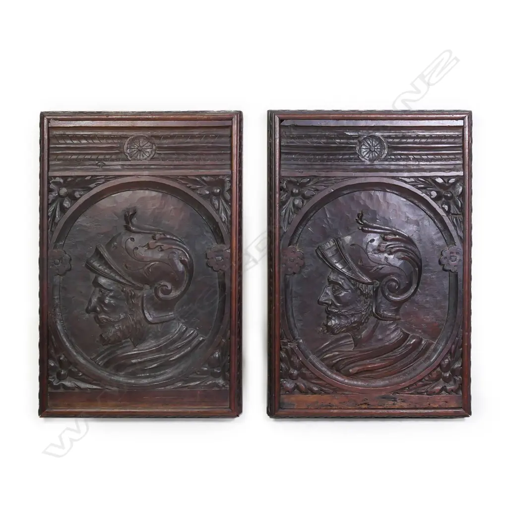 A pair of 19thC or earlier carved oak portrait panels, Image 1++