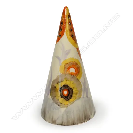 A Clarice Cliff Bizarre conical sifter,