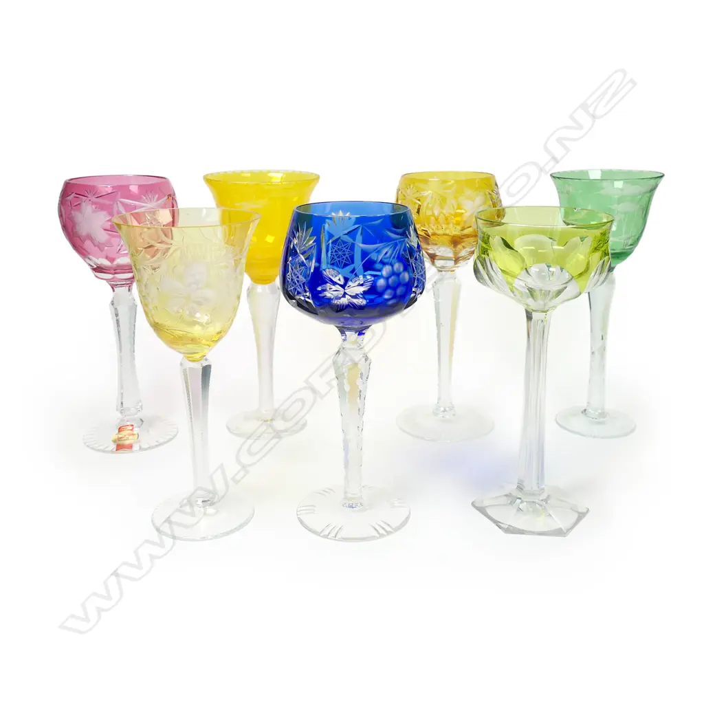 A harlequin set of seven Bohemian wine glasses, Image 1++