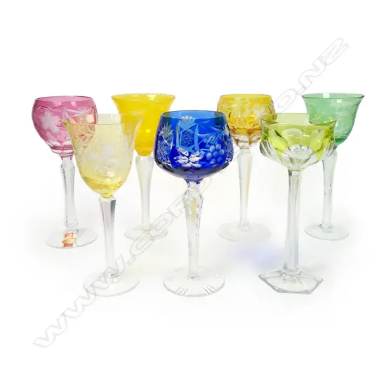 A harlequin set of seven Bohemian wine glasses,
