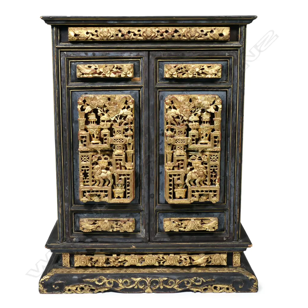 A Japanese Meiji black lacquer and gilt Buddhist house shrine cabinet Image 1++