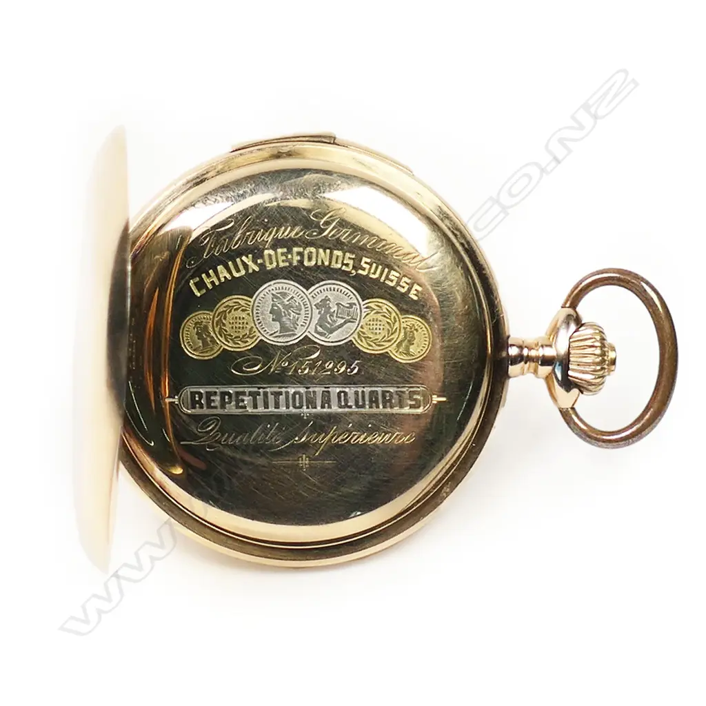 A 14ct gold cased full hunter, quarter repeater mechanism pocket watch,  'Fabrique Germinal, Chaux-De-Fonds. Suisse No.151295' Image 1++
