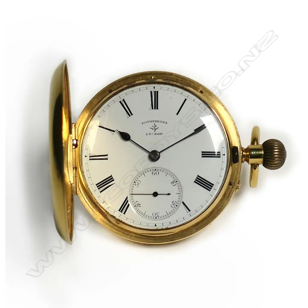 An Edwardian 18ct gold full hunter Rotherhams pocket watch, Image 1++