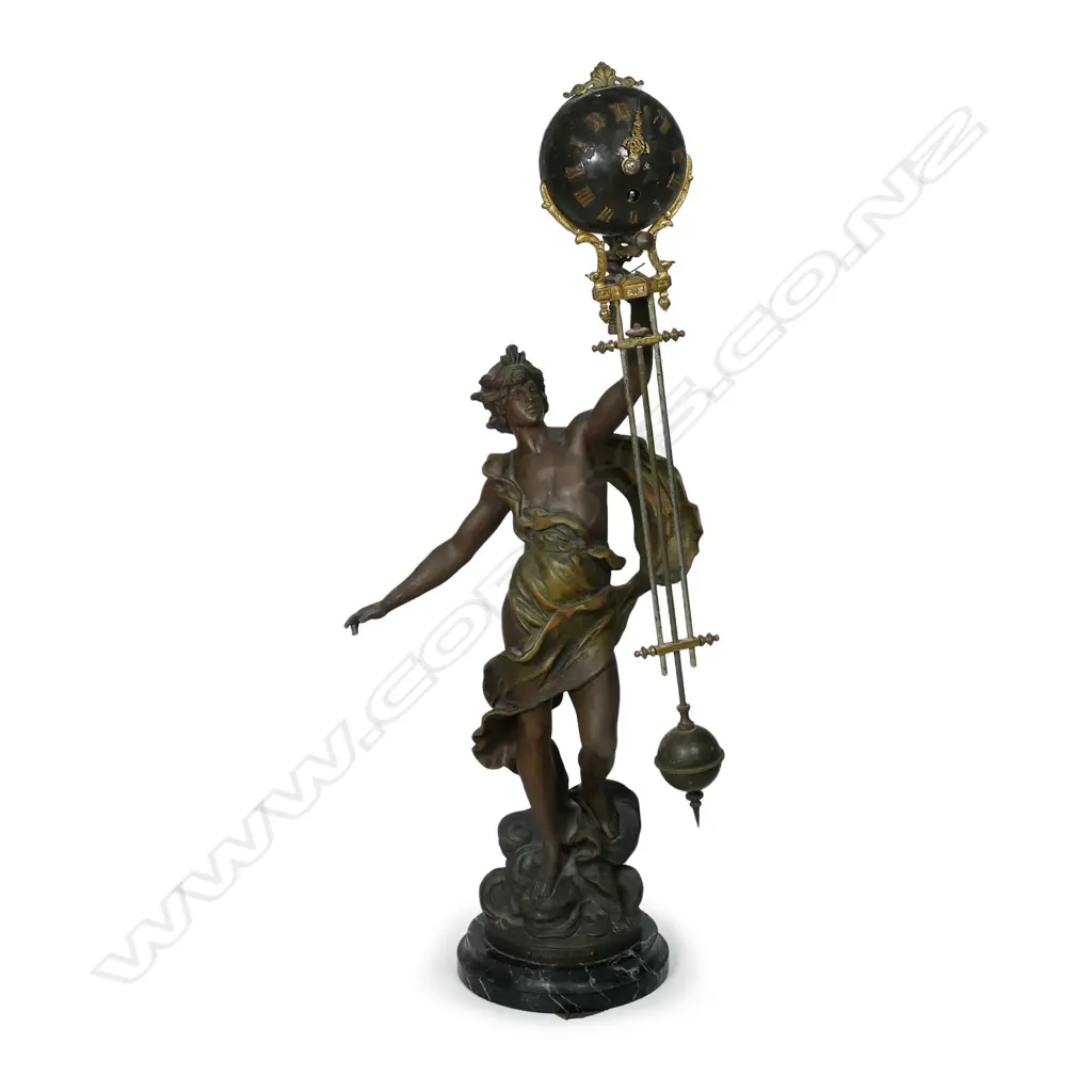 A 19thC French Aug Moreau spelter figured mystery clock, Image 1++