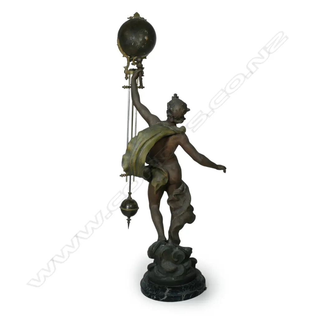 A 19thC French Aug Moreau spelter figured mystery clock, Image 1++