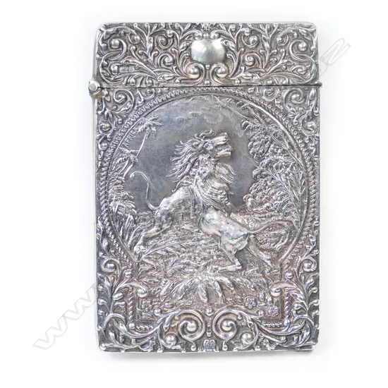 An Edwardian silver fancy lion fight card case,