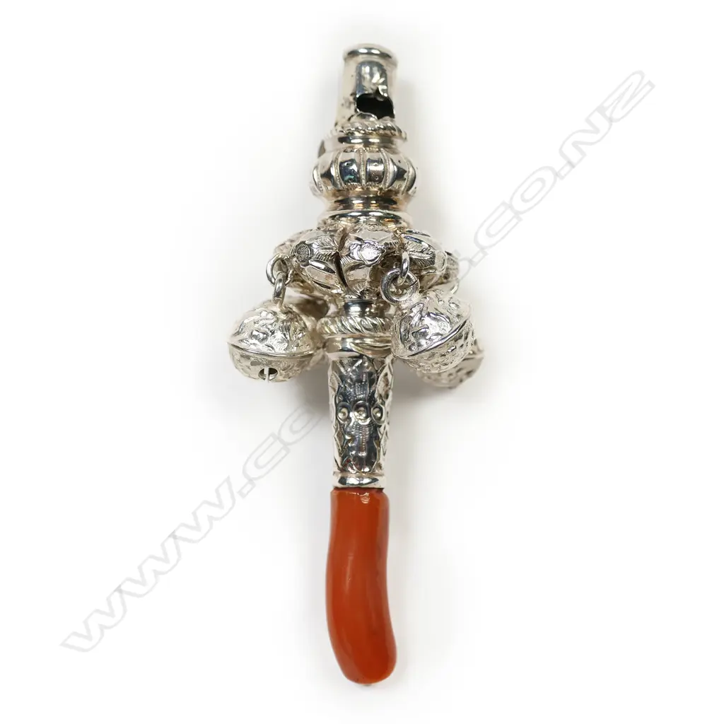 A Victorian silver and coral baby rattle, Image 1++