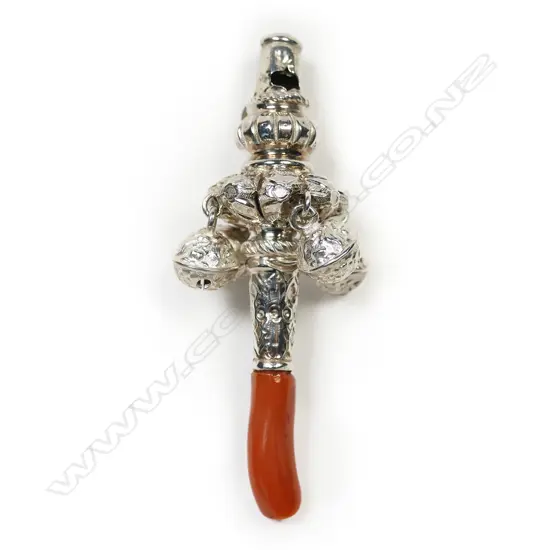 A Victorian silver and coral baby rattle,