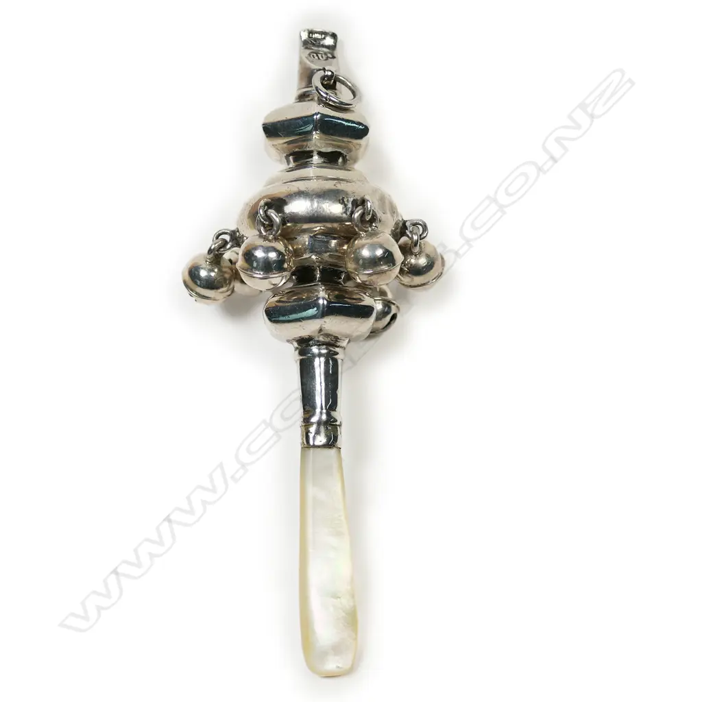 A Victorian silver and mother of pearl baby rattle, Image 1++