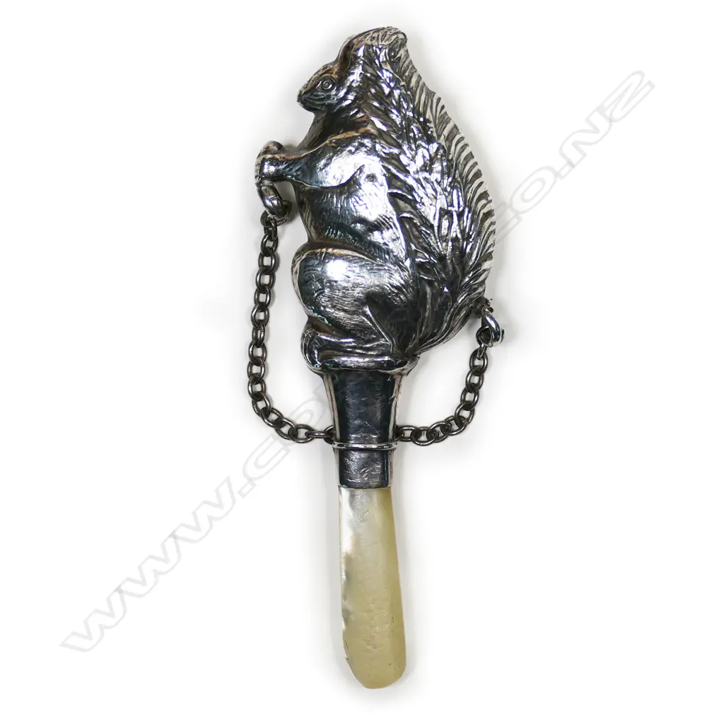 A silver and mother of pearl baby rattle, Image 1++
