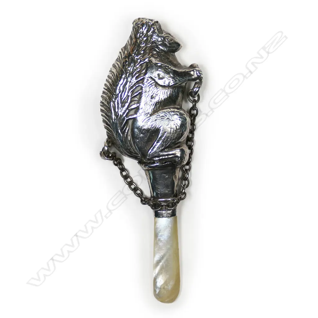 A silver and mother of pearl baby rattle, Image 1++
