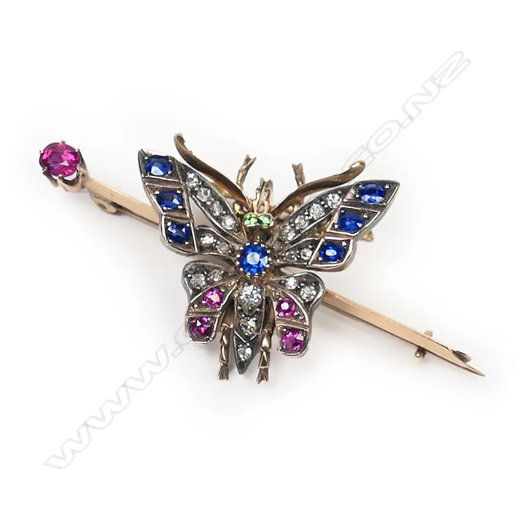 A c.1900 gold and silver gilt gem set butterfly brooch, Image 1++