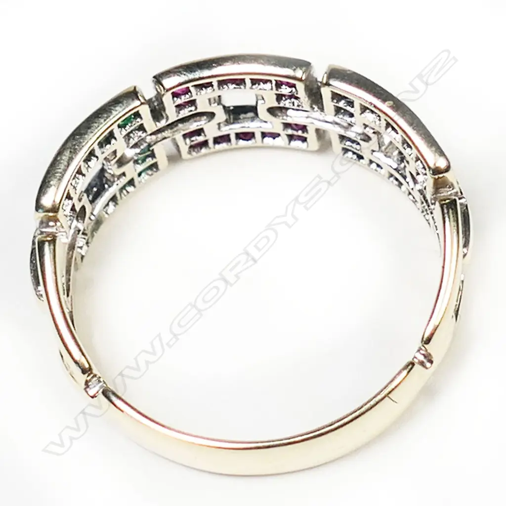 An 18ct gold, emerald, ruby, sapphire and diamond designer ring, Image 1++