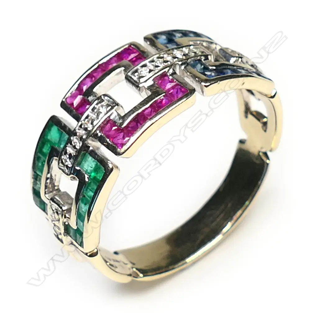 An 18ct gold, emerald, ruby, sapphire and diamond designer ring, Image 1++