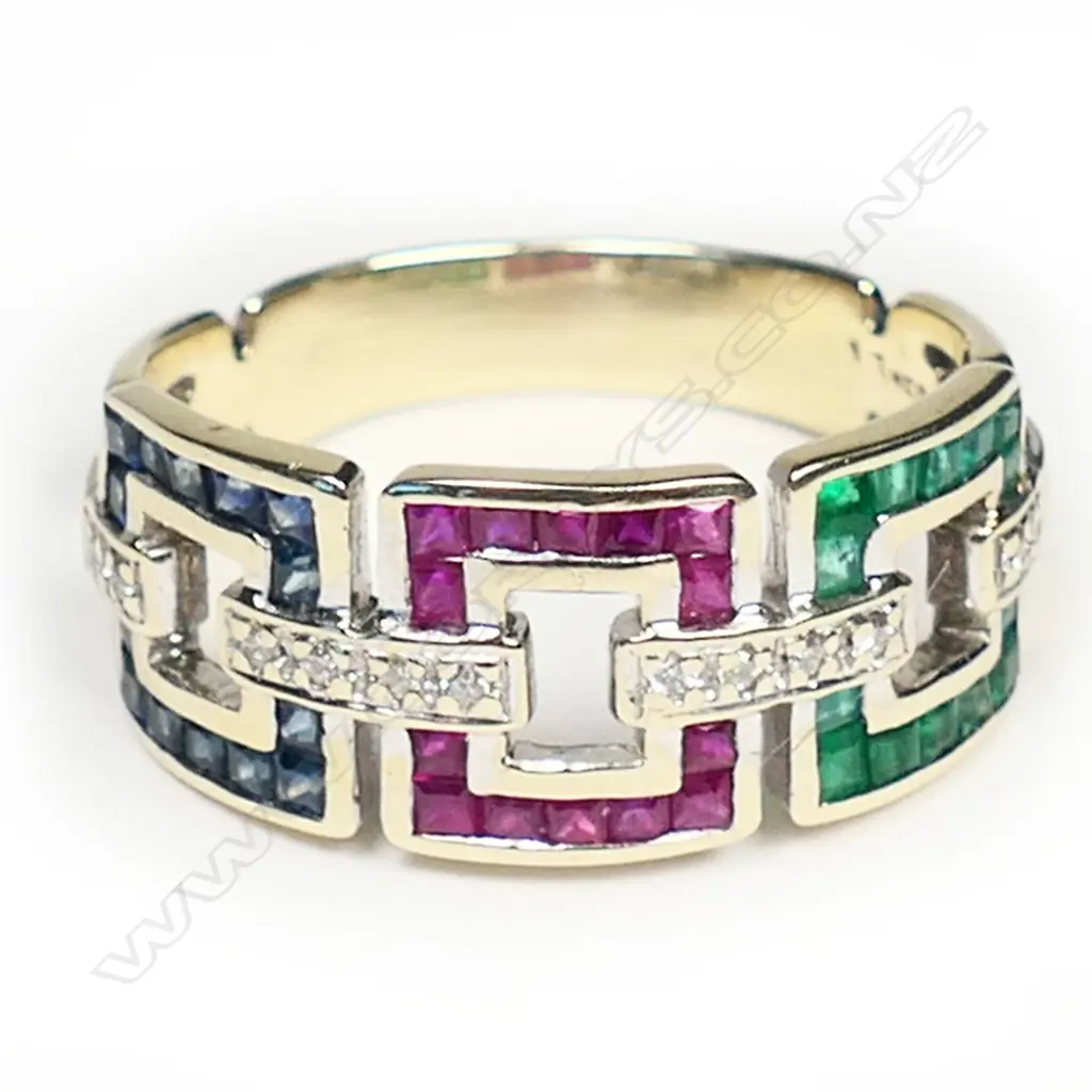 An 18ct gold, emerald, ruby, sapphire and diamond designer ring, Image 1++