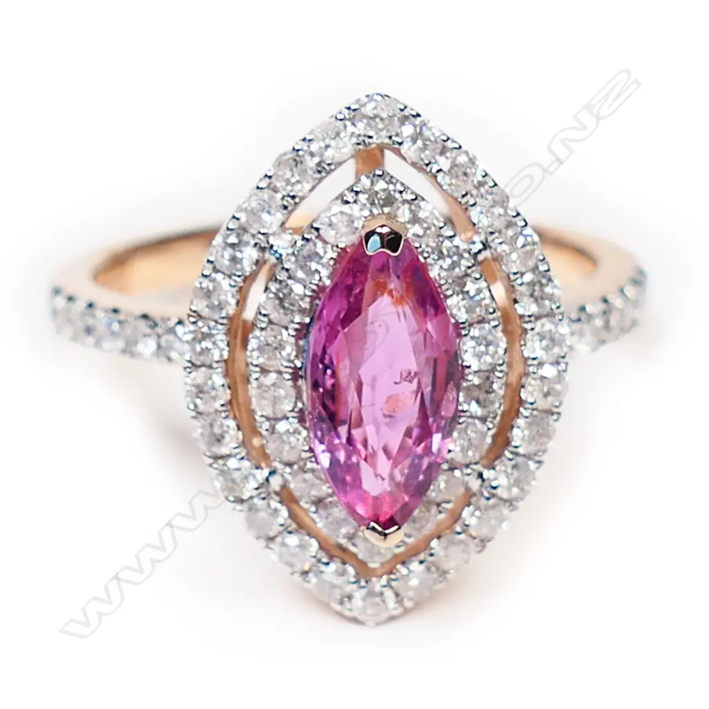 A 14ct rose gold pink sapphire and diamond double halo ring, Image 1++