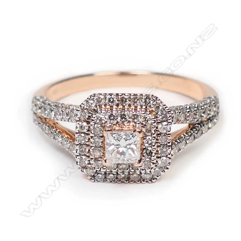 A 14ct rose gold, diamond double halo ring, Image 1++