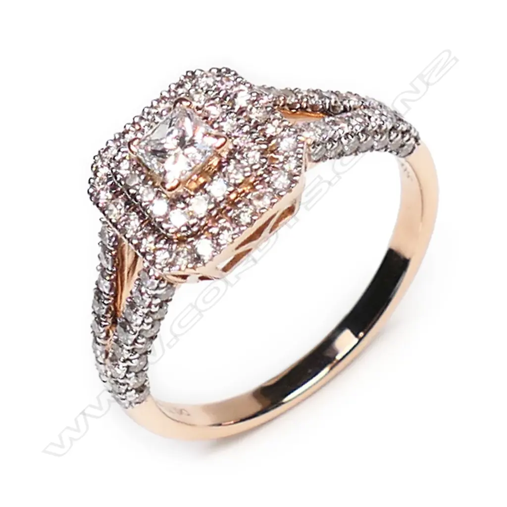 A 14ct rose gold, diamond double halo ring, Image 1++