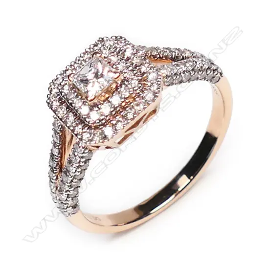 A 14ct rose gold, diamond double halo ring,