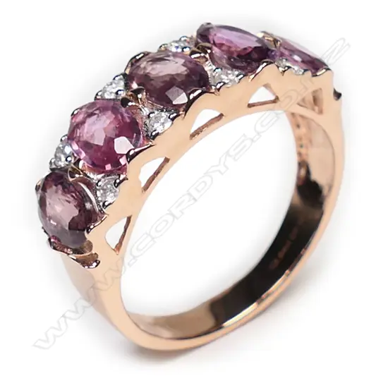 A 14ct rose gold, pink sapphire and diamond ring,