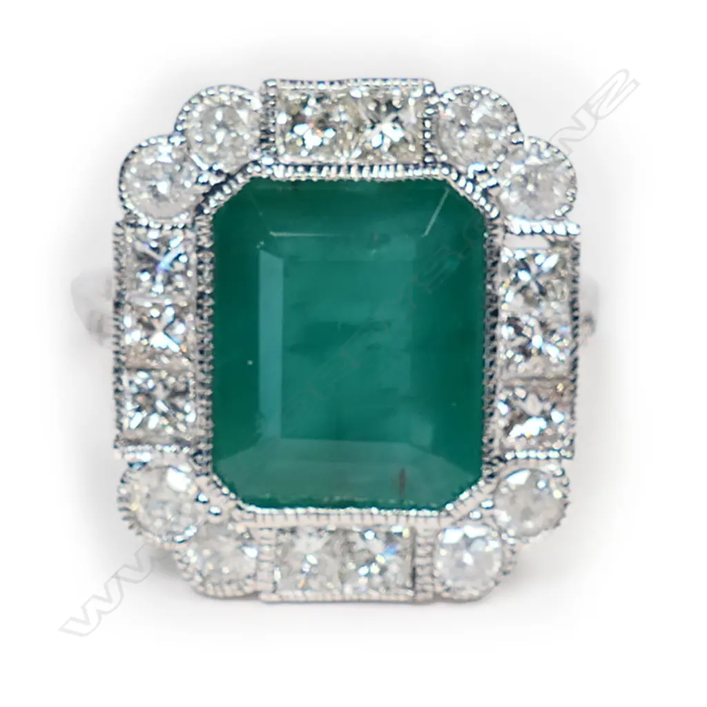 A 14ct white gold, emerald and diamond Art Deco style ring, Image 1++