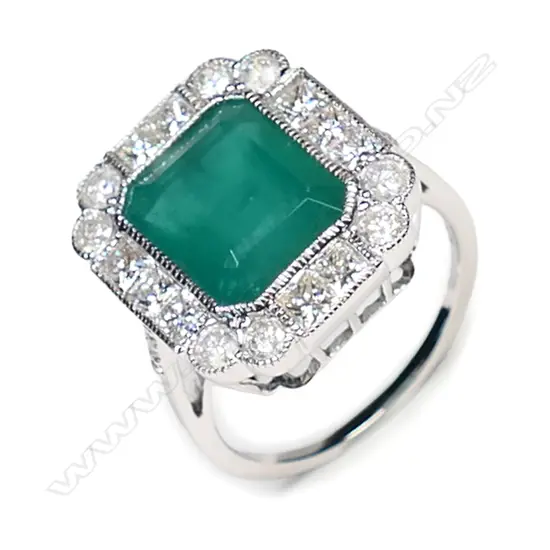 A 14ct white gold, emerald and diamond Art Deco style ring,