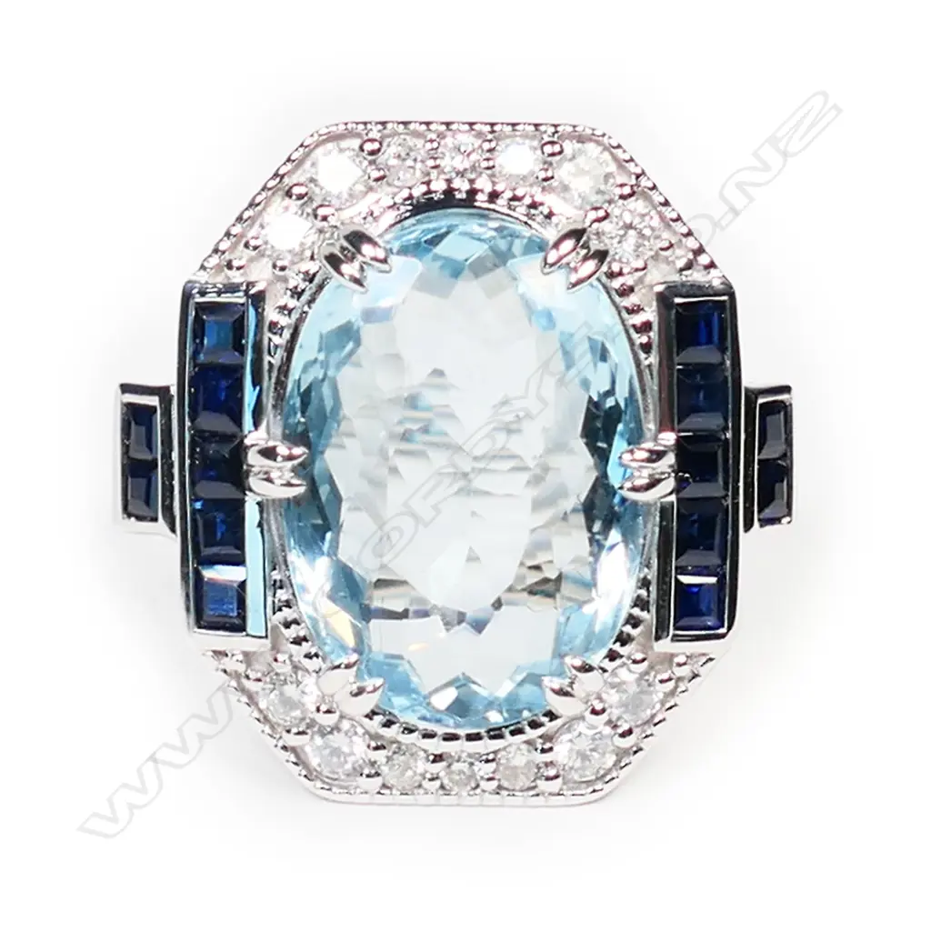 A 14ct white gold, aquamarine and diamond Art Deco style cocktail ring, Image 1++