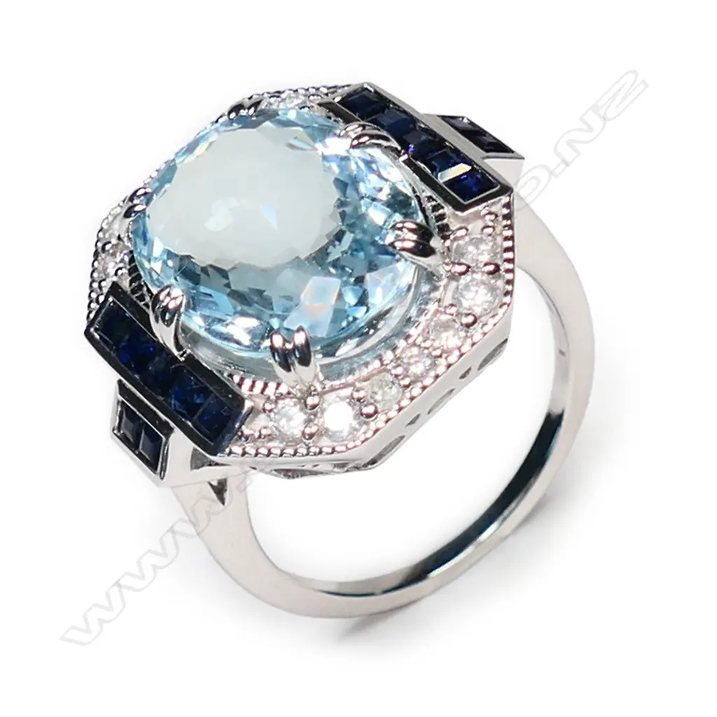A 14ct white gold, aquamarine and diamond Art Deco style cocktail ring, Image 1++