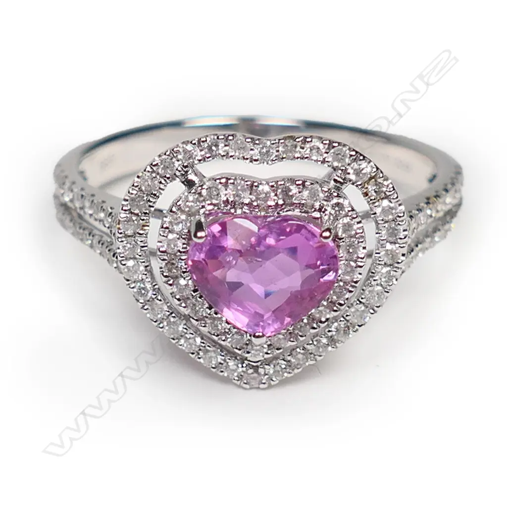 A 14ct white gold, pink sapphire and diamond double halo heart ring, Image 1++