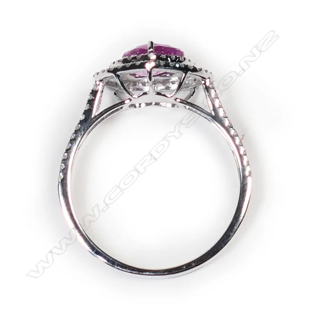 A 14ct white gold, pink sapphire and diamond double halo heart ring, Image 1++
