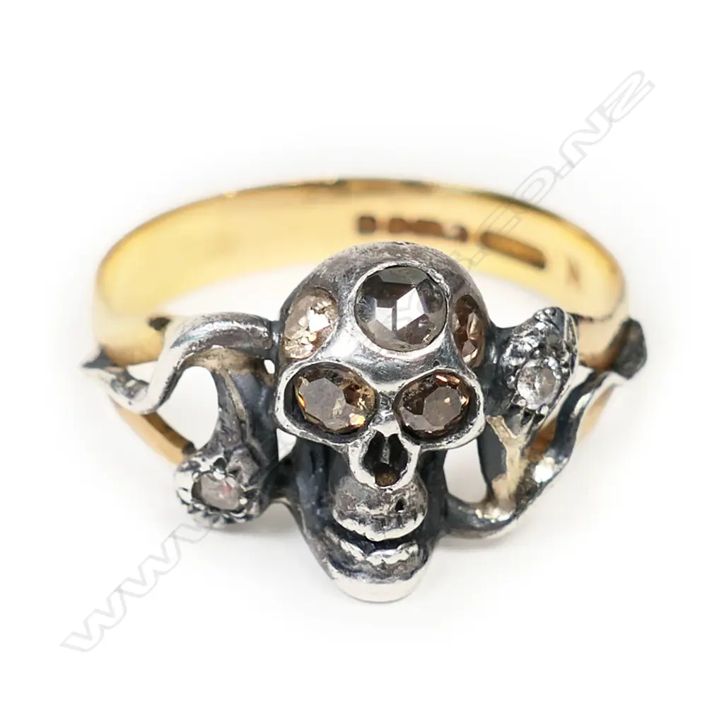 A vintage 22ct gold, silver and diamond skull and snake ring, Image 1++