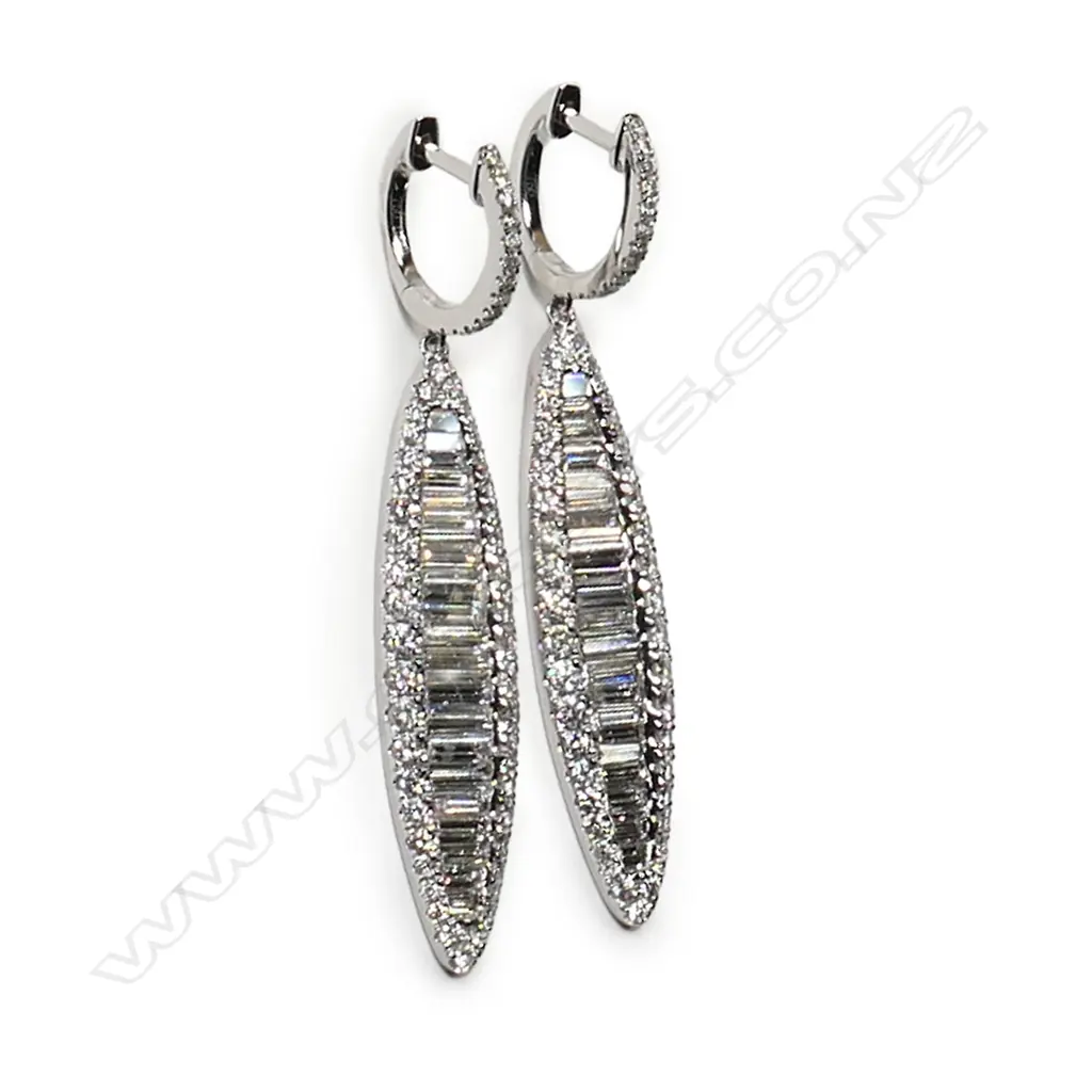 A pair of 18ct white gold and diamond drop earrings, Image 1++