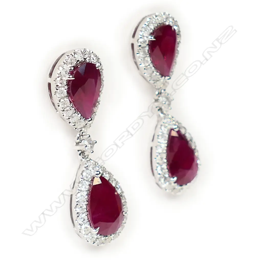 $ A pair of 14ct white gold Burmese ruby and diamond drop earrings, Image 1++