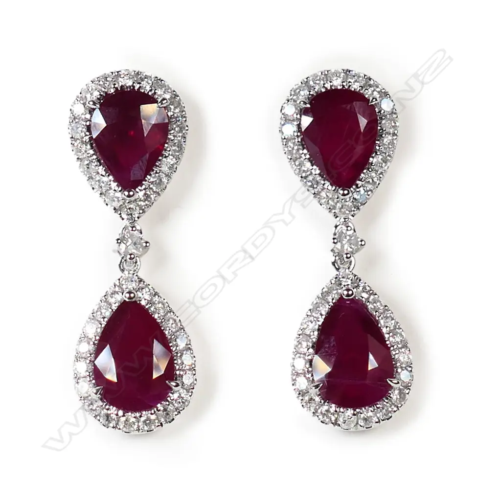 $ A pair of 14ct white gold Burmese ruby and diamond drop earrings, Image 1++