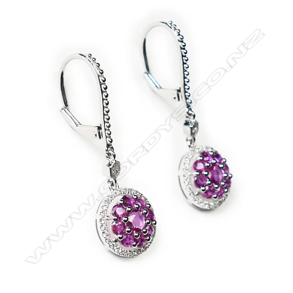 A pair of 14ct white gold, ruby and diamond drop earrings, Image 1++