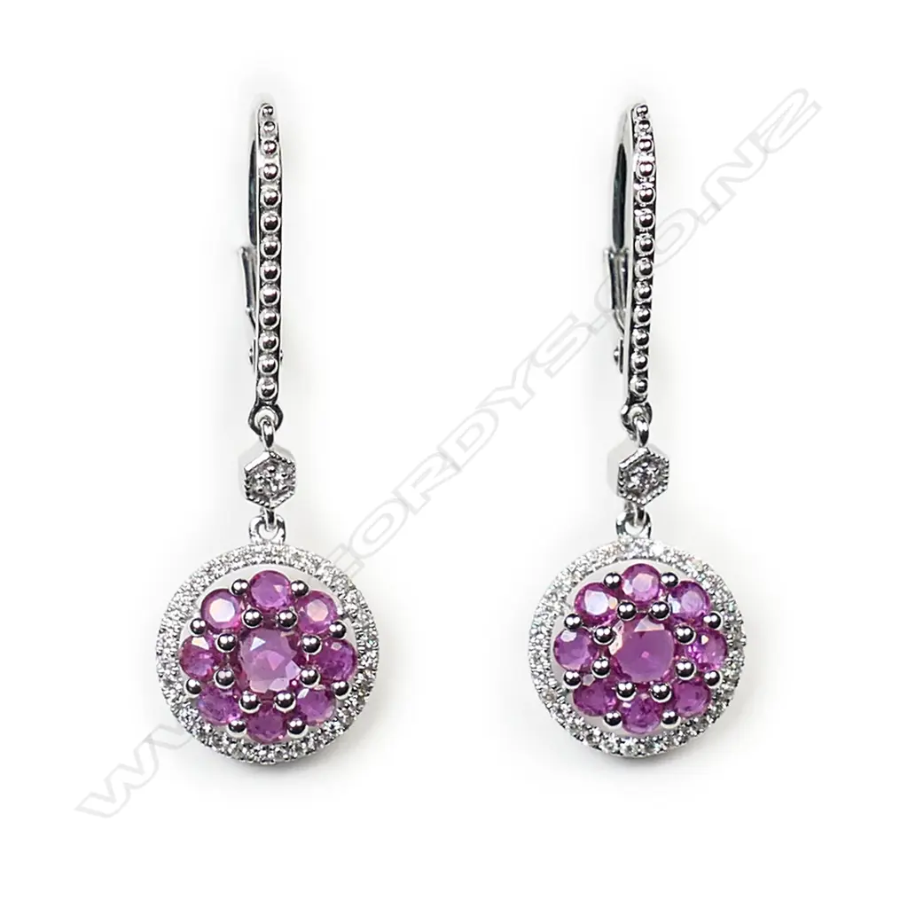 A pair of 14ct white gold, ruby and diamond drop earrings, Image 1++