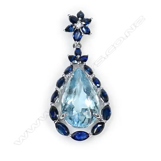 A 14ct white gold, aquamarine, sapphire and diamond pendant,
