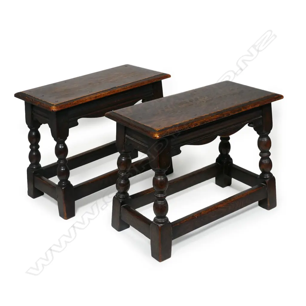 A pair of vintage oak Elizabethan style joint stools, Image 1++