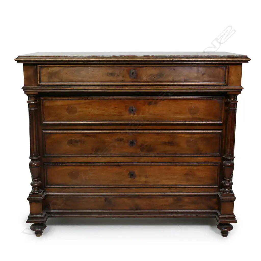 A 19thC French walnut four drawer marble top commode, Image 1++