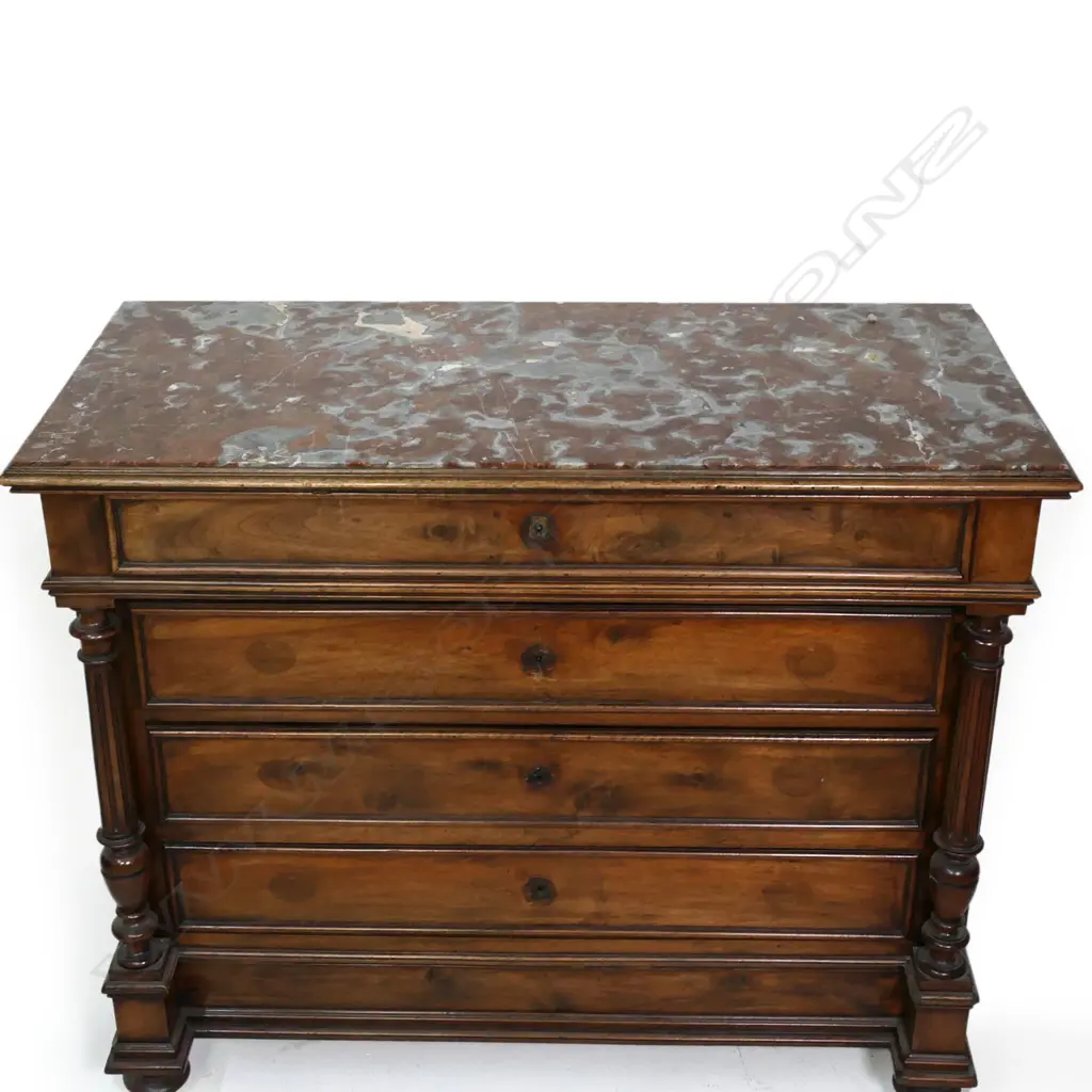 A 19thC French walnut four drawer marble top commode, Image 1++