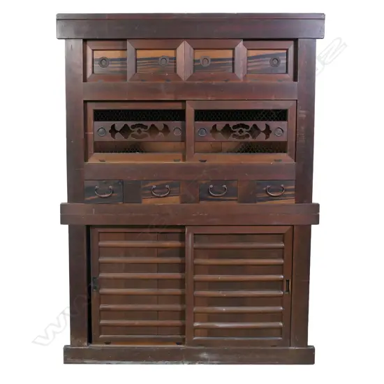 An early 1900s Japanese Mizuya two stage kitchen chest,