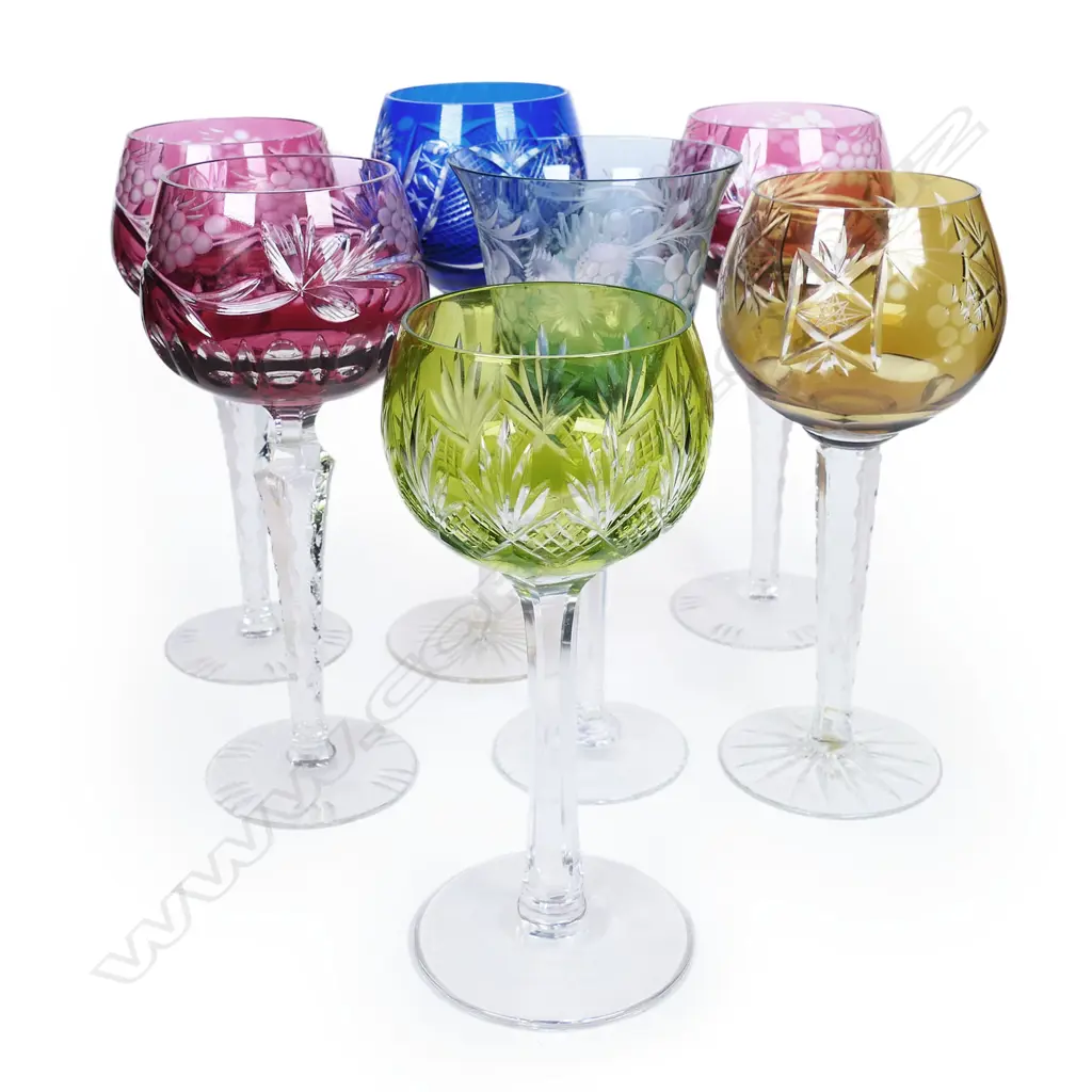 A harlequin set of seven Bohemian wine glasses. Image 1++