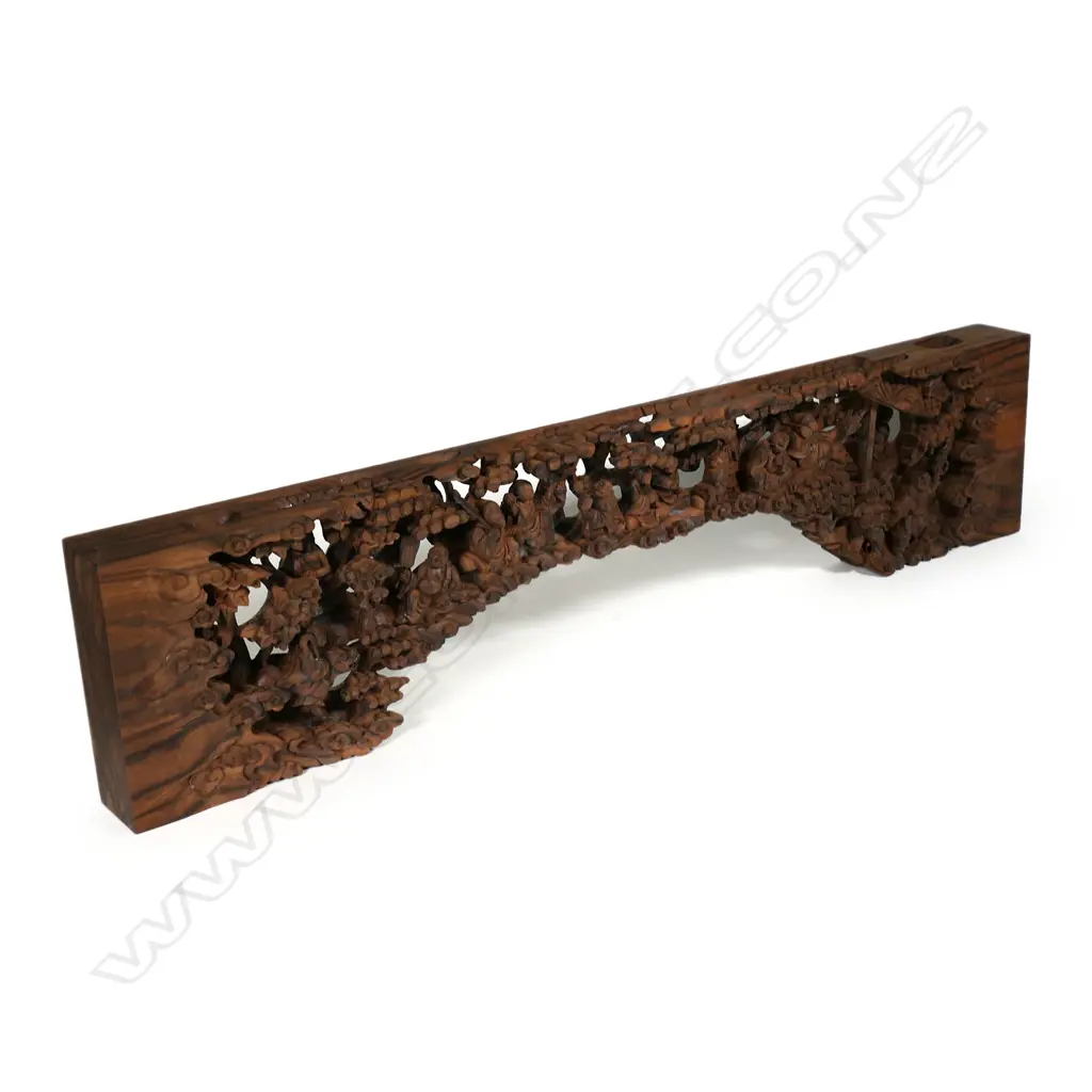 A hongmu (rosewood) timber Buddhist carved arched panel, Image 1++