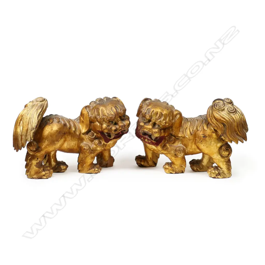 A pair of gilded wood Chinese Fu dogs, Image 1++