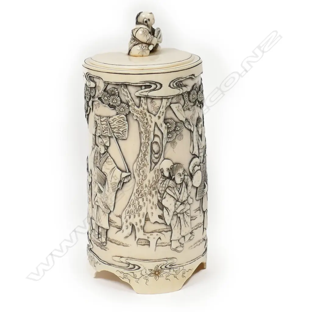 A c.1900  Japanese carved ivory lidded tusk section jar, Image 1++
