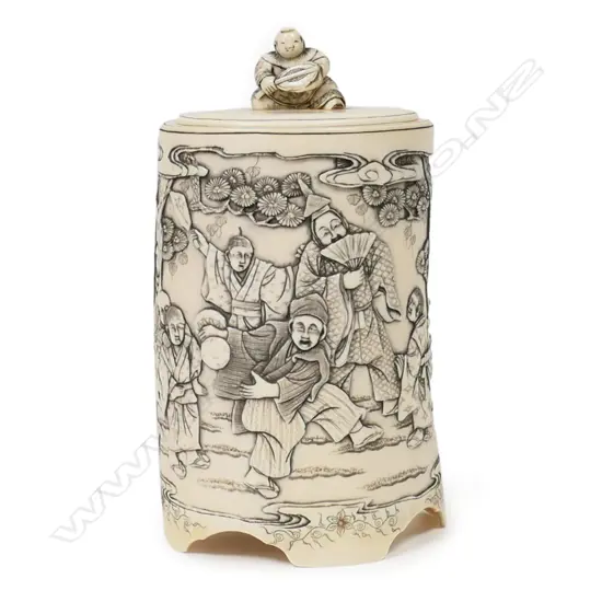 A c.1900  Japanese carved ivory lidded tusk section jar,