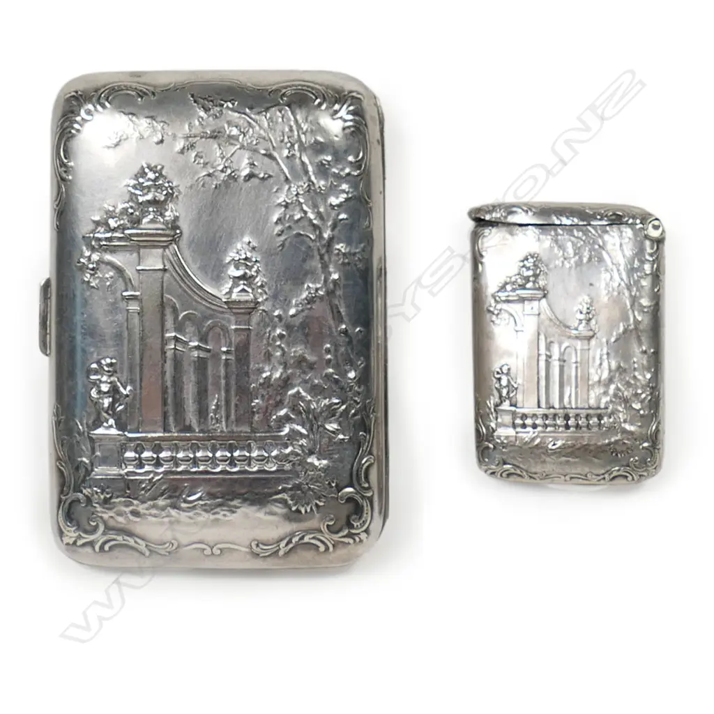 Antique French Silver Plate cigarette case together with a matching vesta Image 1++