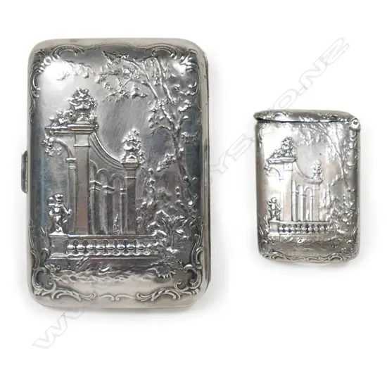 Antique French Silver Plate cigarette case together with a matching vesta
